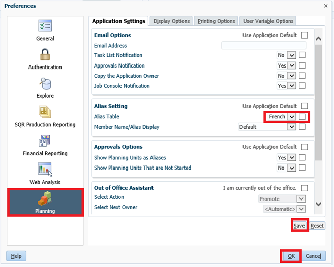 Setting language in planning, under application settings change alias settings and click on ok